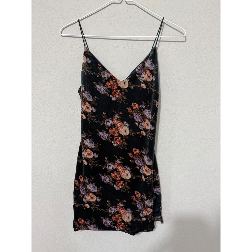Urban Renewal Velvet Mini Dress Womens Small Green Floral Slip 90s Grunge V-Neck